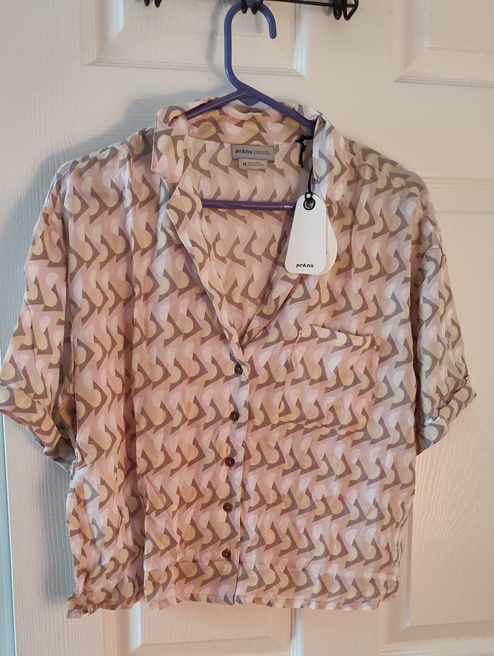 Prana Short-Sleeve Button Down Shirt - Pink & Beige Pattern